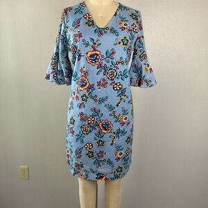 Nicole Miller Dress Size 8 Blue Floral Cotton Knee Length 3/4 Sleeves Vacation